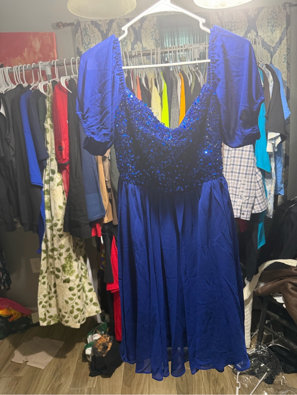 Blue Embellished Short Sleeve Party Dress